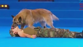 Hot italian female soldier gets fucked by the boss dog when training